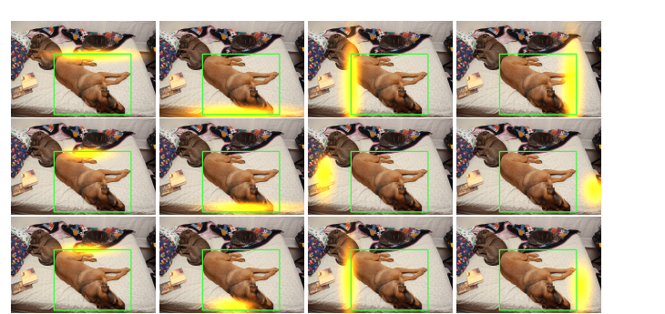 Spatial attention maps: conditional DETR (top) vs DETR at 50 and 500 epochs